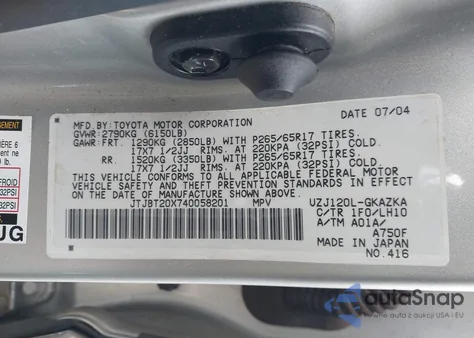 2004 Lexus Gx 470 from USA, damaged, VIN JTJBT20X740058201